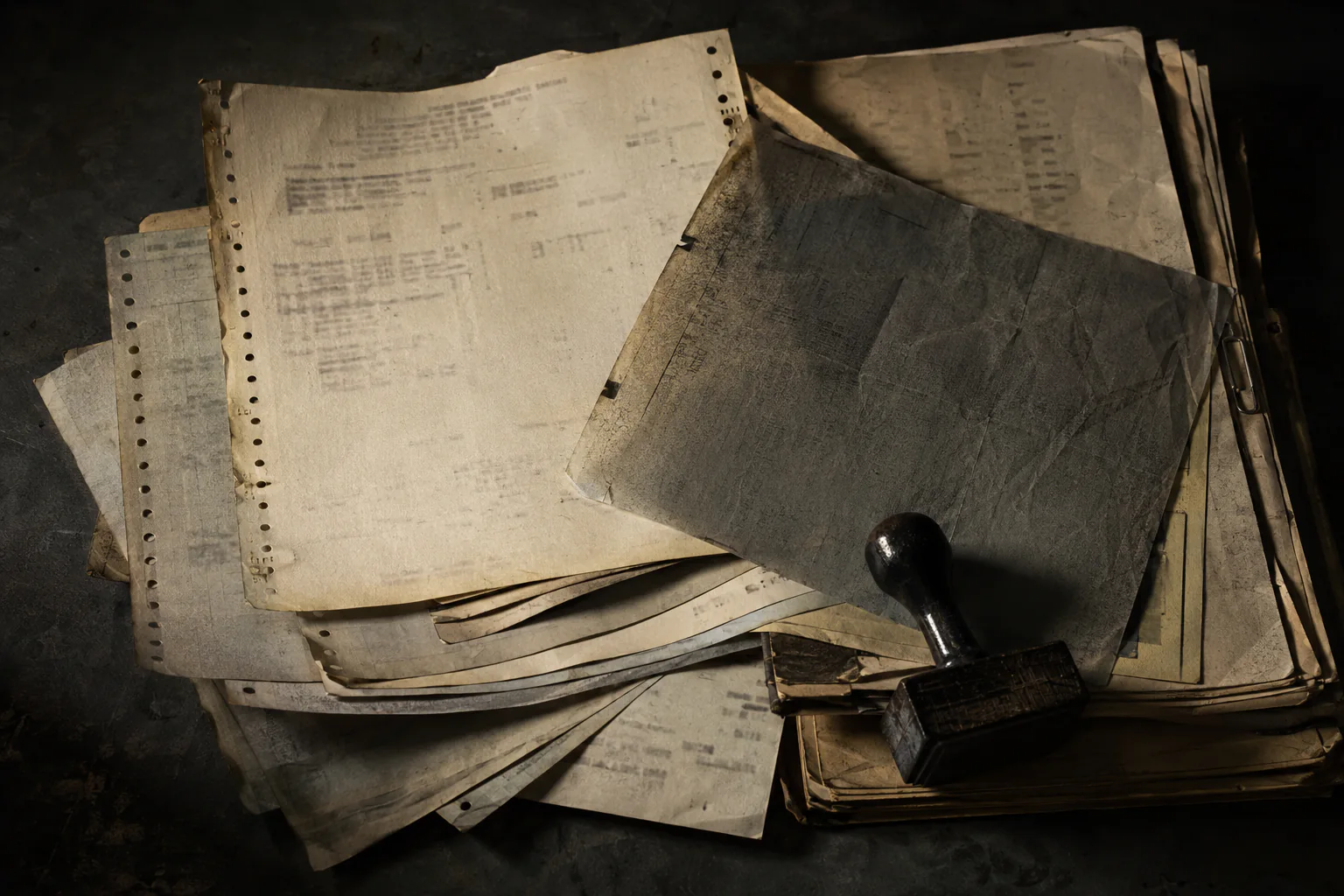 Illustration: a stack of weathered filing sheets, punched ledger paper and carbon copies on dark steel, beside a rubber date stamp. All of the print is illegible.