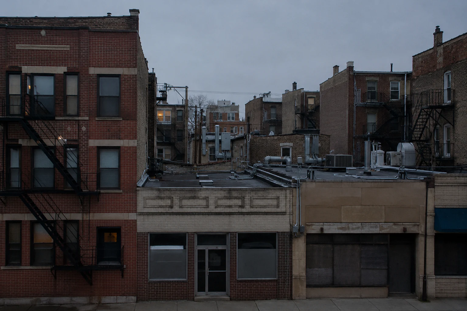 Illustration: ordinary Chicago building stock under overcast dawn light — brick three-flats, a low-rise commercial strip, exterior fire escapes and rooftop conduit.