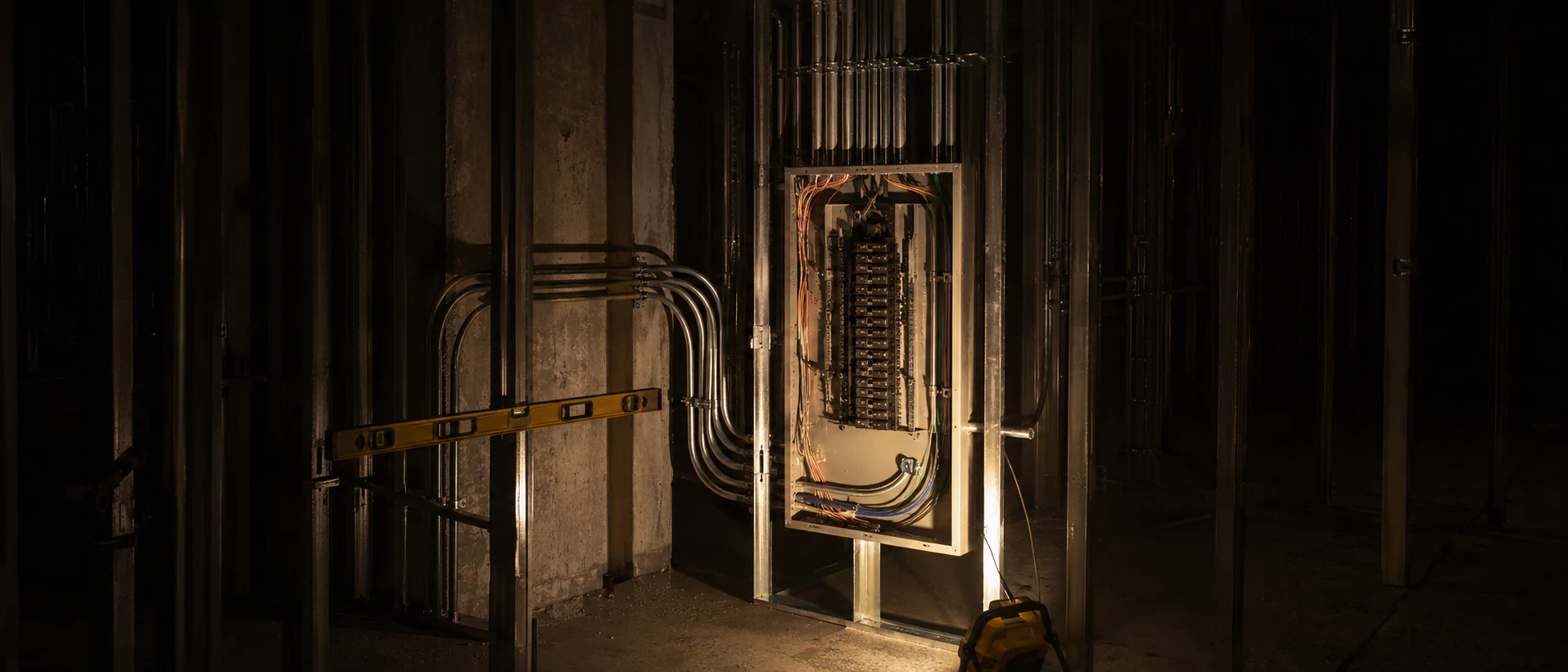Illustration: a commercial electrical rough-in in an unfinished building — conduit runs, an open panelboard with bundled conductors, and a spirit level resting on a steel stud, lit by a single work light.